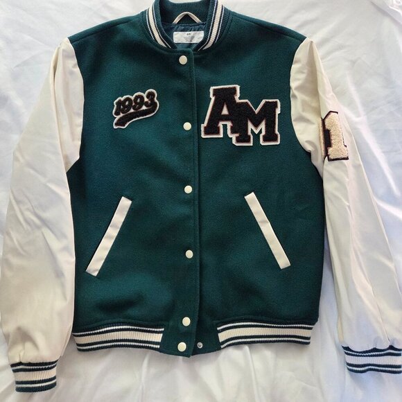 H&M Kids Varsity Bomber Jacket | Green Letterman Coat | Size 14-16 (13-14Y) - Picture 3 of 11